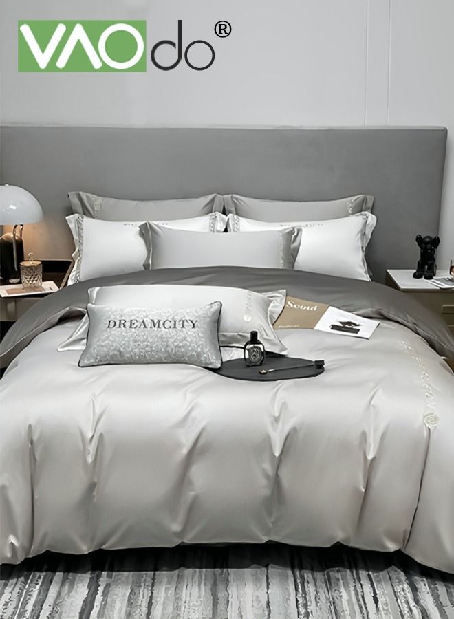 4PCS Comforter Set Warm in Winter and Cool in Summer Washed Silk Bedding Set Skin-Friendly Solid Color Breathable Duvet Cover Set 1.8M Bed 200*230CM King Size