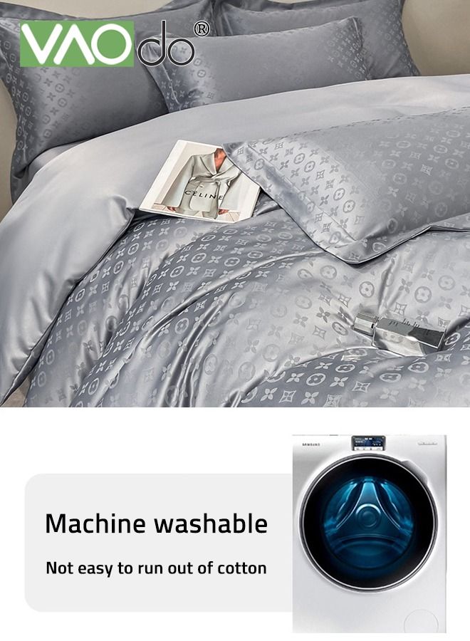 4PCS Skil Comforter Set Luxury Breathable Silky and Strong Drape Satin Jacquard Sheet Set Soft Silky Bed Sheets Satin Sheet Set 220*240CM Grey