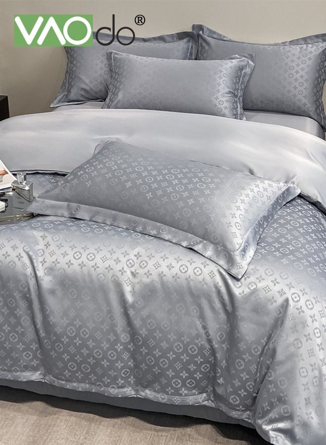 4PCS Skil Comforter Set Luxury Breathable Silky and Strong Drape Satin Jacquard Sheet Set Soft Silky Bed Sheets Satin Sheet Set 220*240CM Grey