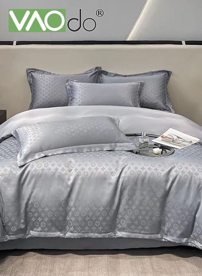 4PCS Skil Comforter Set Luxury Breathable Silky and Strong Drape Satin Jacquard Sheet Set Soft Silky Bed Sheets Satin Sheet Set 220*240CM Grey