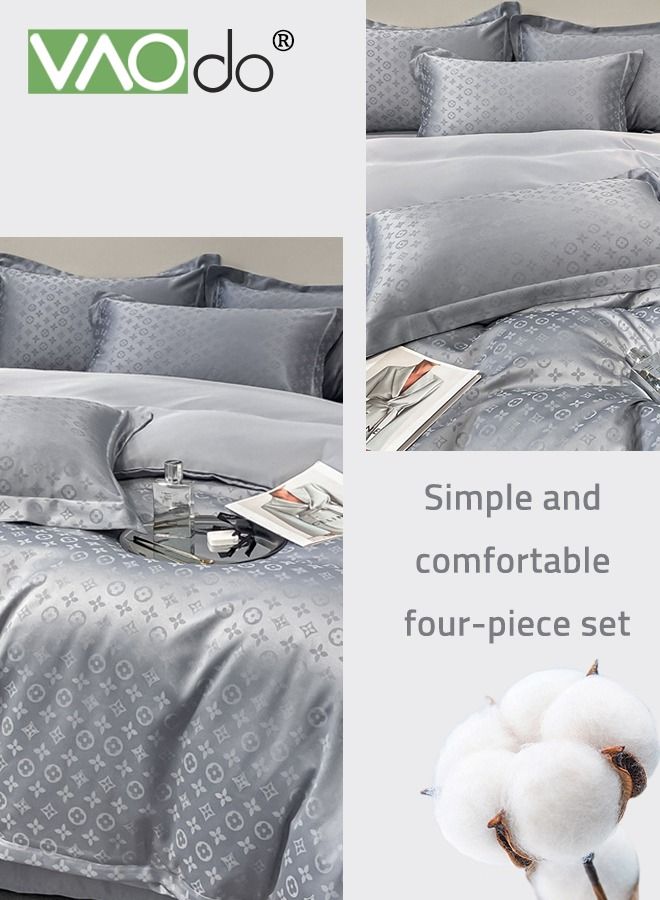 4PCS Skil Comforter Set Luxury Breathable Silky and Strong Drape Satin Jacquard Sheet Set Soft Silky Bed Sheets Satin Sheet Set 220*240CM Grey