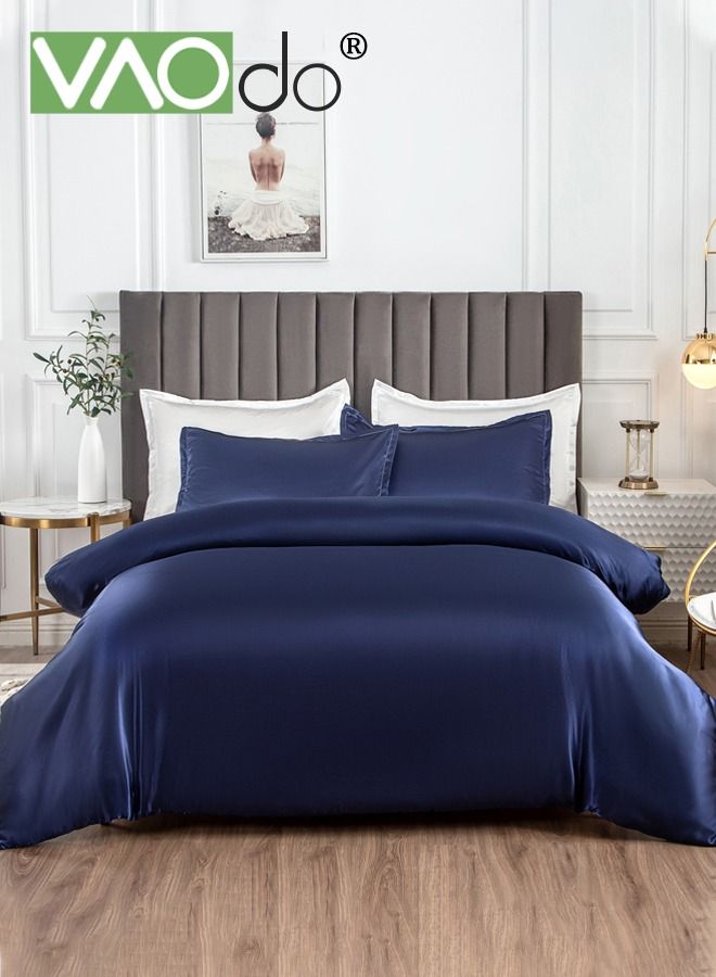 4PCS Silk Bedding Set King Size Comforter Set Warm in Winter and Cool in Summer Skin-Friendly Solid Color Breathable Duvet Cover Set 2.0M Bed 200*230CM Dark Blue