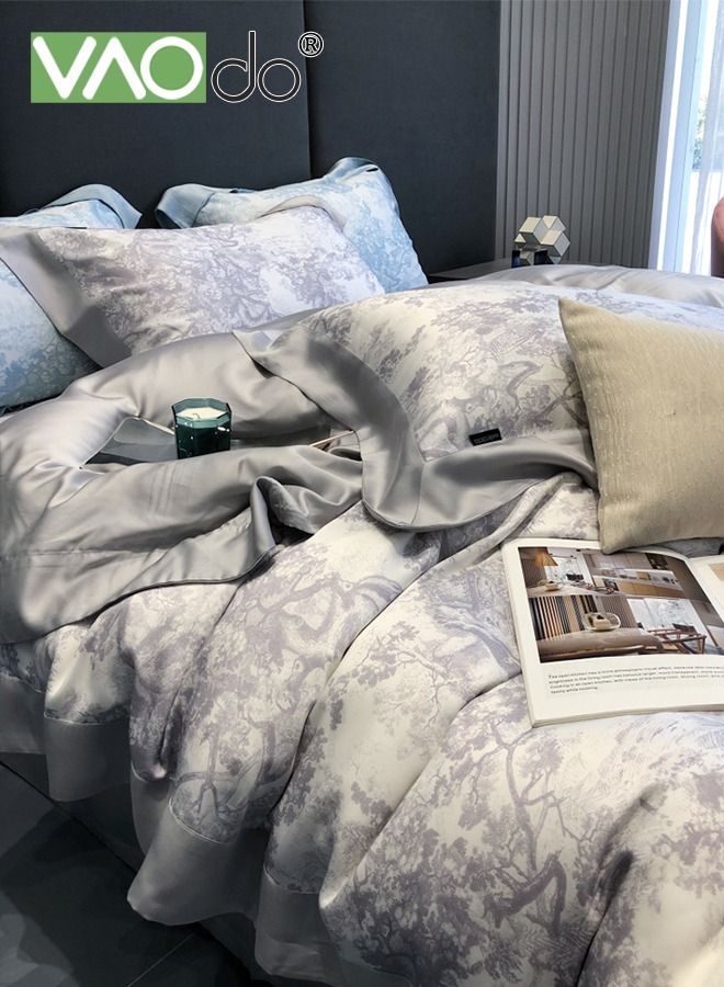 4PCS Silky Satin Sheet Set Satin Bed Set with 2 Pillowcase Soft and Breathable Exquisite Printing Comforter Set Universal Four Seasons Satin Bedding Set 200*230CM