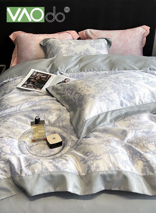 4PCS Silky Satin Sheet Set Satin Bed Set with 2 Pillowcase Soft and Breathable Exquisite Printing Comforter Set Universal Four Seasons Satin Bedding Set 200*230CM