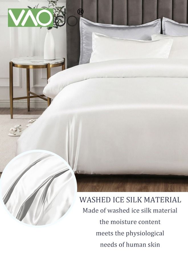 4PCS Silk Bedding Set King Size Comforter Set Warm in Winter and Cool in Summer Skin-Friendly Solid Color Breathable Duvet Cover Set 2.0M Bed 200*230CM White