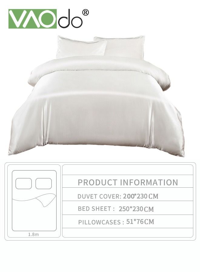 4PCS Silk Bedding Set King Size Comforter Set Warm in Winter and Cool in Summer Skin-Friendly Solid Color Breathable Duvet Cover Set 2.0M Bed 200*230CM White