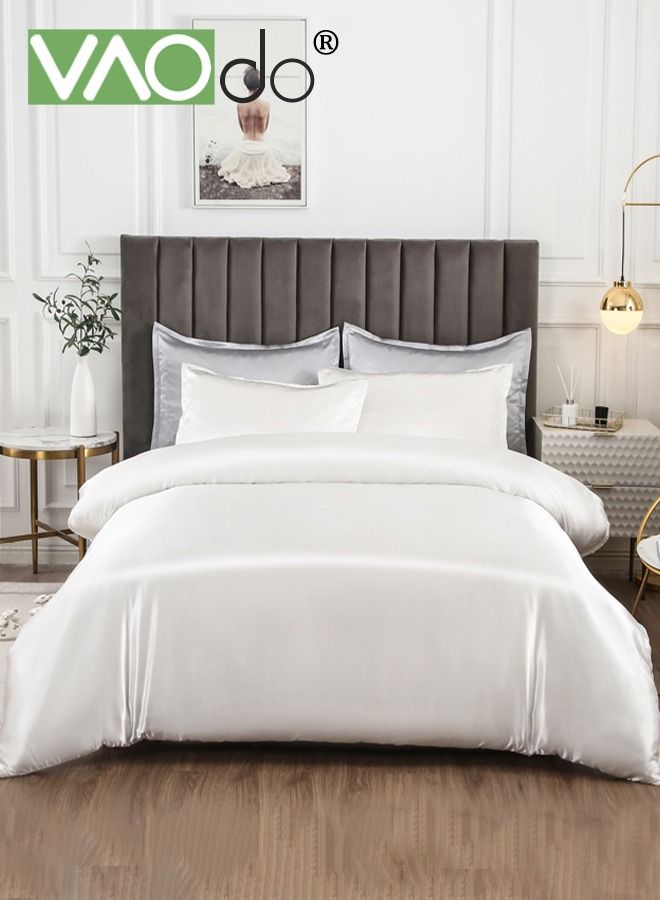 4PCS Silk Bedding Set King Size Comforter Set Warm in Winter and Cool in Summer Skin-Friendly Solid Color Breathable Duvet Cover Set 2.0M Bed 200*230CM White