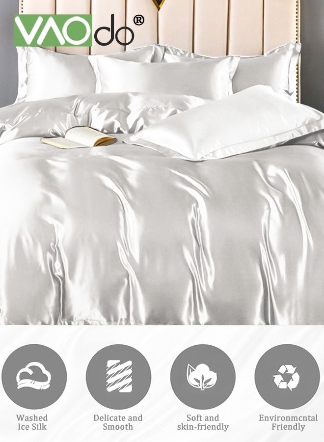 4PCS Silk Bedding Set King Size Comforter Set Warm in Winter and Cool in Summer Skin-Friendly Solid Color Breathable Duvet Cover Set 2.0M Bed 200*230CM White