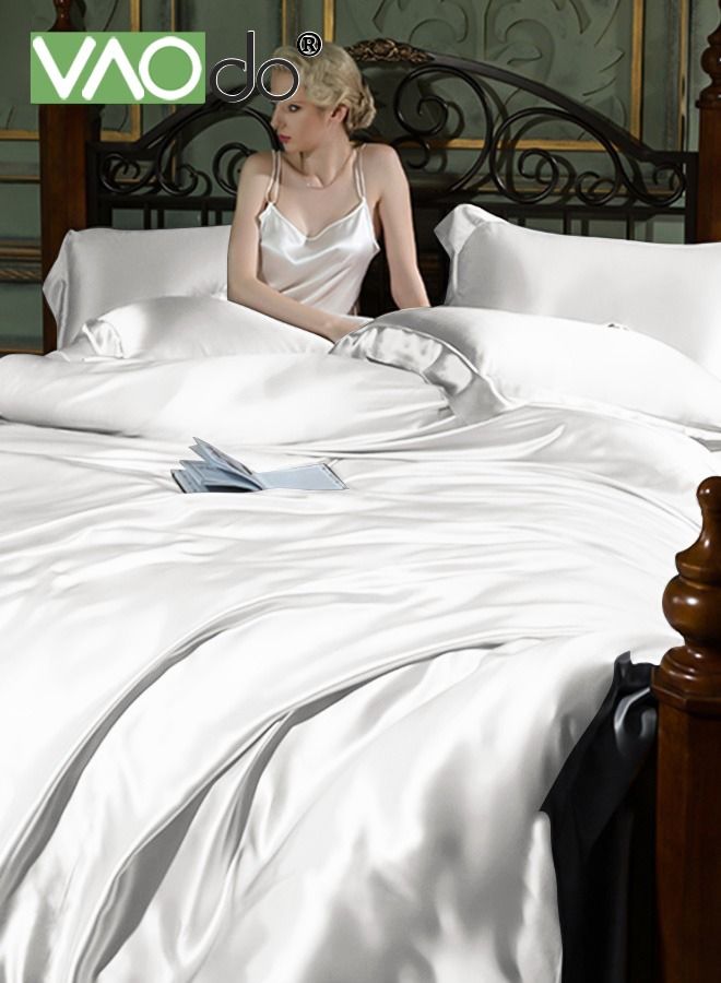 4PCS Silk Bedding Set King Size Comforter Set Warm in Winter and Cool in Summer Skin-Friendly Solid Color Breathable Duvet Cover Set 2.0M Bed 200*230CM White