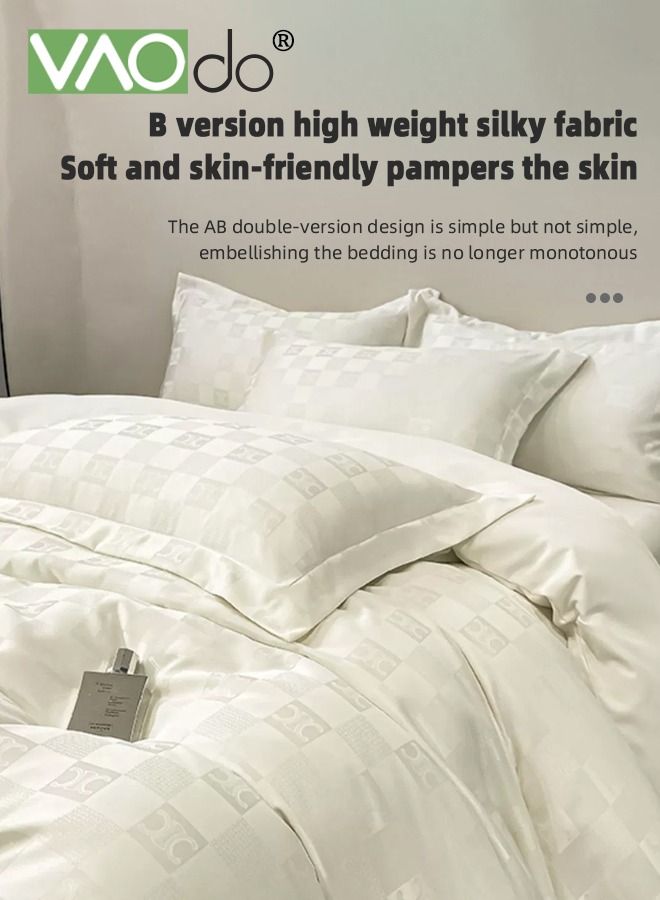 4PCS Silk Comforter Set Soft and Good for Sleep AB Surface with Simple and Atmospheric Embroidery Universal for All Seasons Bedding Duvet Covers Set 220*240CM White