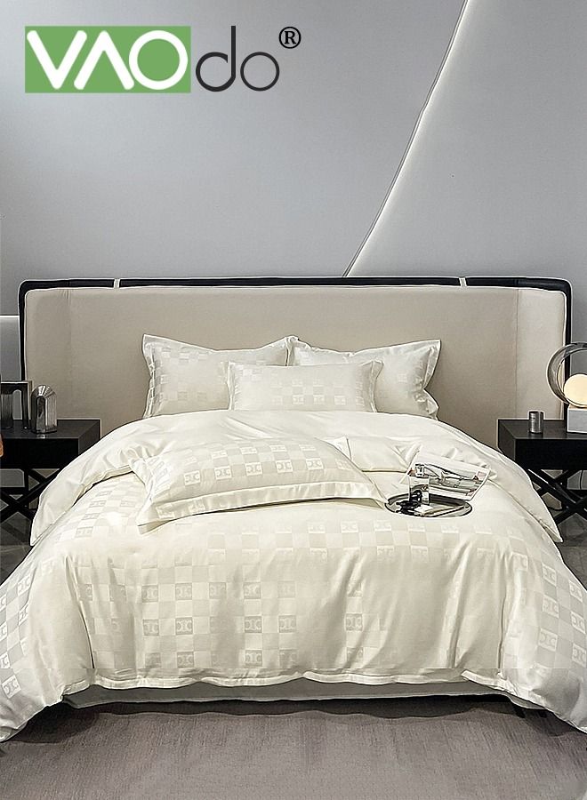 4PCS Silk Comforter Set Soft and Good for Sleep AB Surface with Simple and Atmospheric Embroidery Universal for All Seasons Bedding Duvet Covers Set 220*240CM White