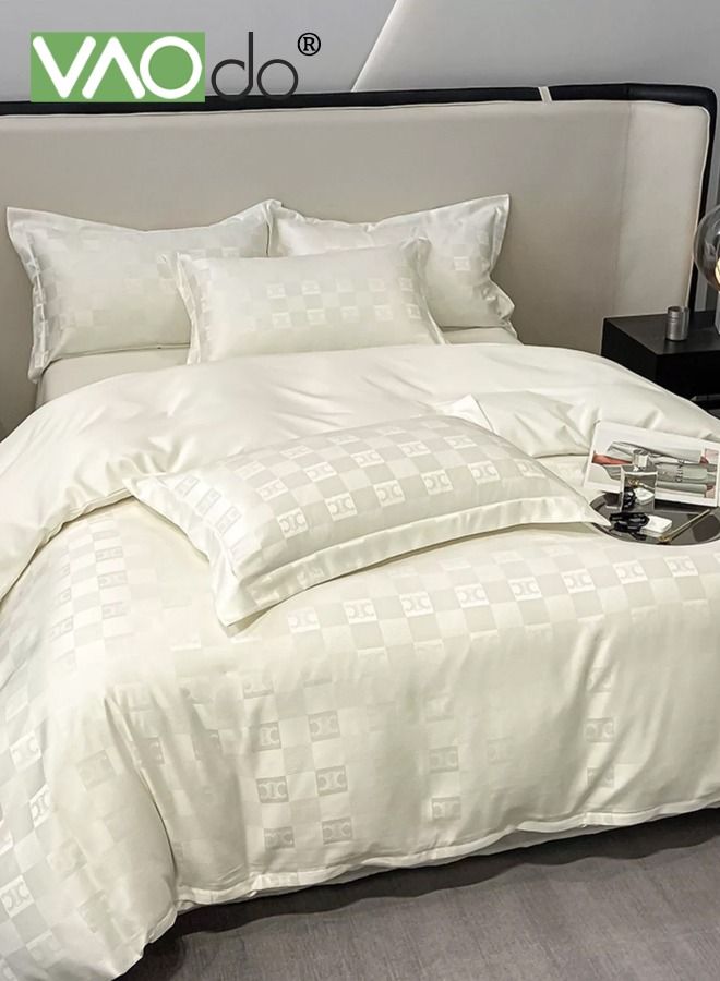 4PCS Silk Comforter Set Soft and Good for Sleep AB Surface with Simple and Atmospheric Embroidery Universal for All Seasons Bedding Duvet Covers Set 220*240CM White