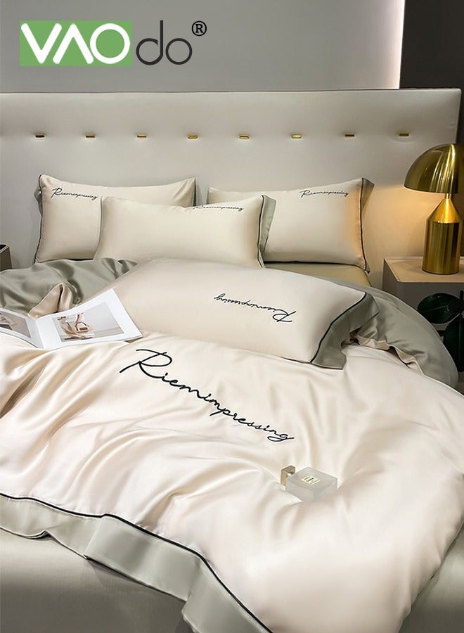 4PCS Silk Comforter Set AB Side Exquisite Embroidery Bedding Set King Size Warm in Winter and Cool in Summer Skin-Friendly Solid Color Breathable Duvet Cover Set 2.0M Bed 200*230CM