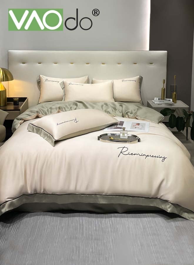 4PCS Silk Comforter Set AB Side Exquisite Embroidery Bedding Set King Size Warm in Winter and Cool in Summer Skin-Friendly Solid Color Breathable Duvet Cover Set 2.0M Bed 200*230CM