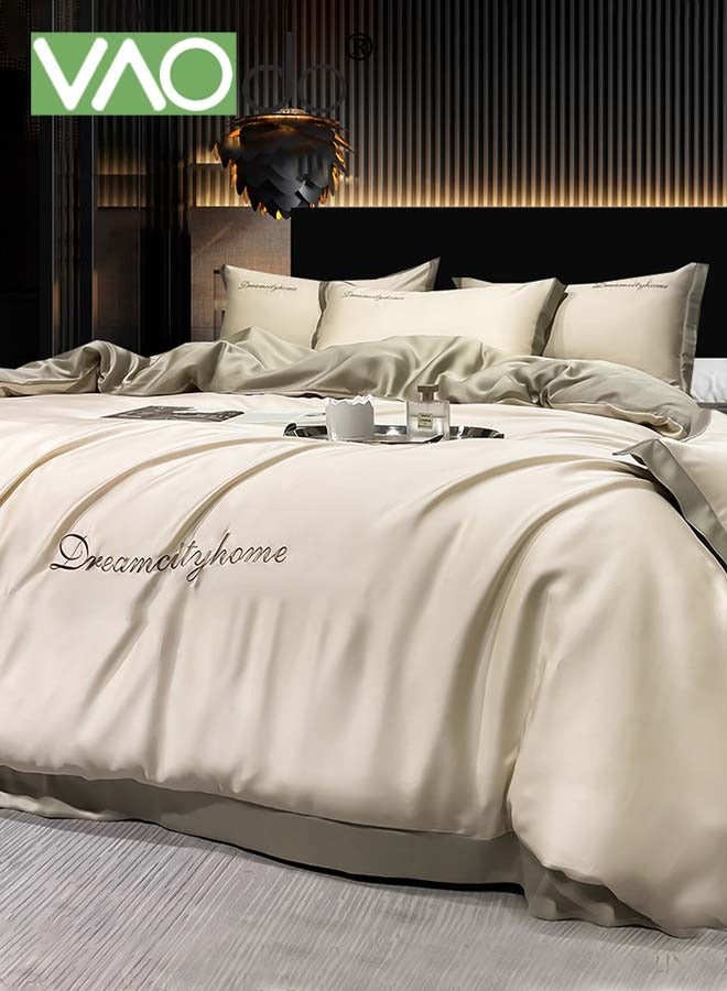 4PCS Silk Comforter Set AB Side Exquisite Embroidery Bedding Set King Size Warm in Winter and Cool in Summer Skin-Friendly Solid Color Breathable Duvet Cover Set 2.0M Bed 200*230CM