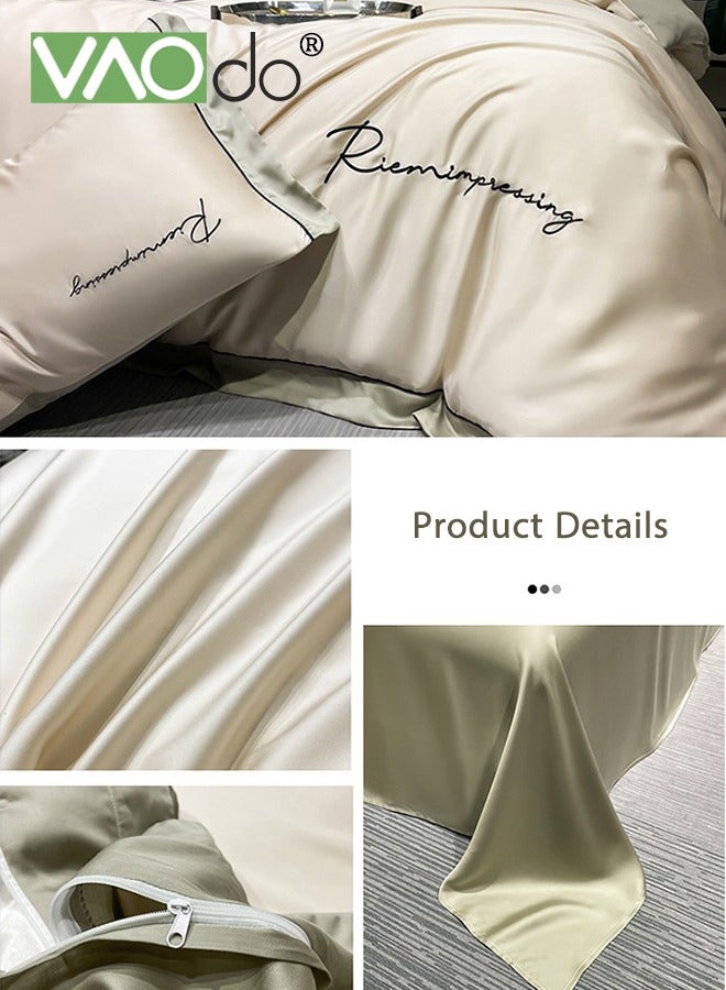 4PCS Silk Comforter Set AB Side Exquisite Embroidery Bedding Set King Size Warm in Winter and Cool in Summer Skin-Friendly Solid Color Breathable Duvet Cover Set 2.0M Bed 200*230CM