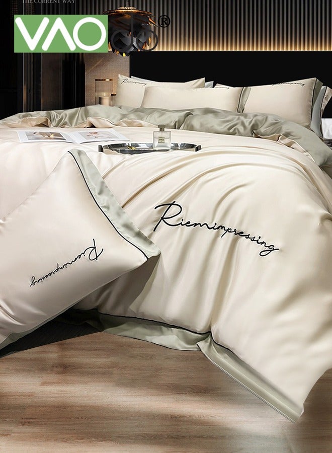 4PCS Silk Comforter Set AB Side Exquisite Embroidery Bedding Set King Size Warm in Winter and Cool in Summer Skin-Friendly Solid Color Breathable Duvet Cover Set 2.0M Bed 200*230CM