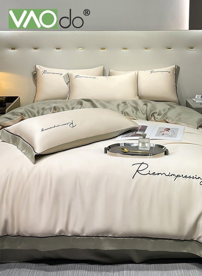 4PCS Silk Comforter Set AB Side Exquisite Embroidery Bedding Set King Size Warm in Winter and Cool in Summer Skin-Friendly Solid Color Breathable Duvet Cover Set 2.0M Bed 200*230CM