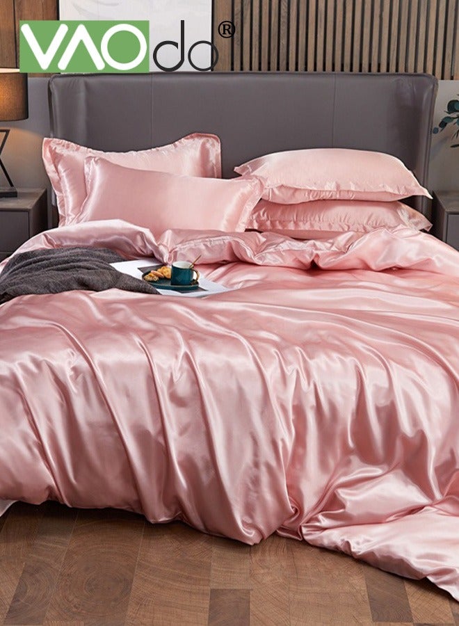 4PCS Silk Bedding Set King Size Comforter Set Warm in Winter and Cool in Summer Skin-Friendly Solid Color Breathable Duvet Cover Set 1.8M Bed 200*230CM Pink