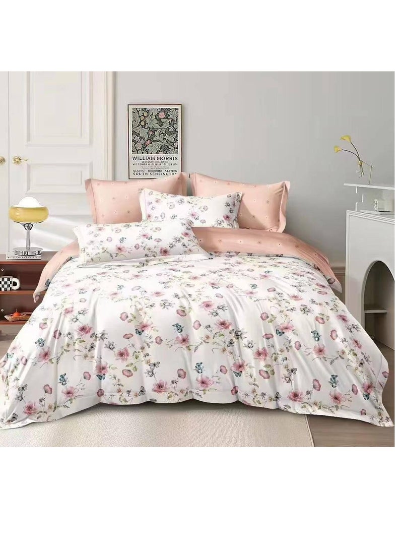 Comforters 6pcs Vintage Quilted Bedding Set, Includes 1 fixed Quilt, 1 Fitted Sheet, And 4 Pillowcases,  Floral Design