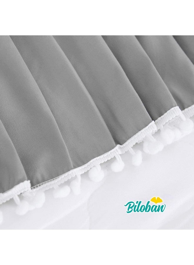 Crib Bed Skirt Grey Pleated With White Lovely Pompoms Bedding Dust Ruffle For Baby Boys 14 Drop Fit All Standard Crib Bed Machine Wahable Crib Skirt