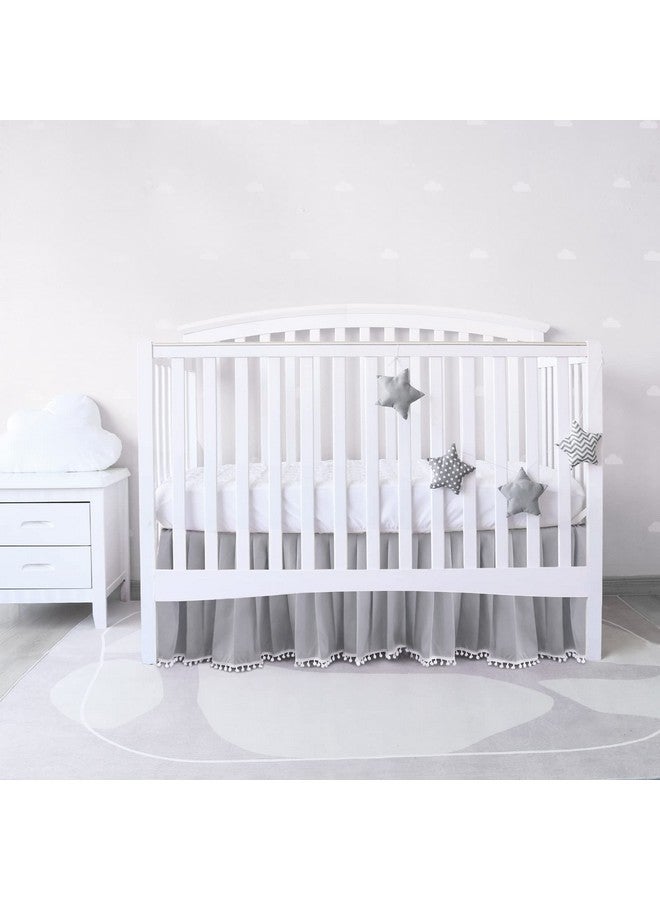 Crib Bed Skirt Grey Pleated With White Lovely Pompoms Bedding Dust Ruffle For Baby Boys 14 Drop Fit All Standard Crib Bed Machine Wahable Crib Skirt