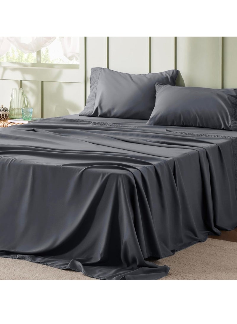 Bedsure Queen Sheets Grey - Soft Sheets for Queen Size Bed, 4 Pieces Hotel Luxury Queen Sheet Set, Easy Care Polyester Microfiber Cooling Bed Sheet Set