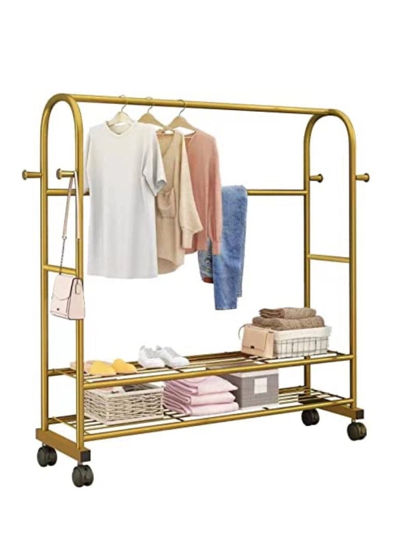 Clothes Rail Metal Garment Rail with Wheel 4 Side Hooks and 2 Lower Storage Shelf Freestanding Coat Stand with Hanging Rail for Bedroom (Gold color)