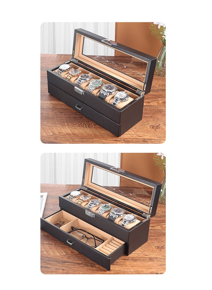 Watch Box Organizer for, 6 Slot Watch Display Case with Drawer, Father's Day Gift Mens Watch Holder Watch Case for Men, 6 Watch Box 2-layer Jewelry and Watch Storage Case -Espresso