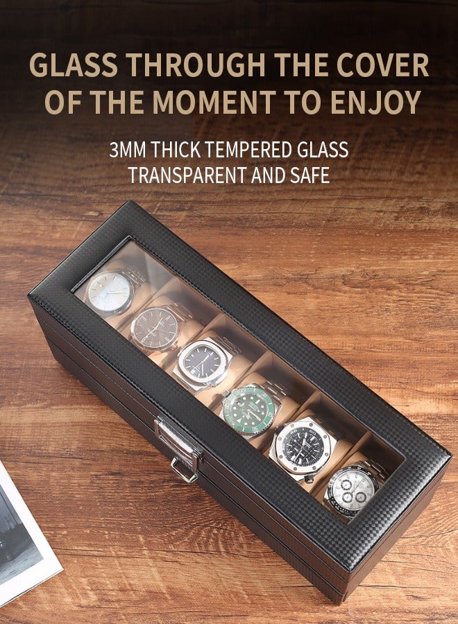 Watch Box Organizer for, 6 Slot Watch Display Case with Drawer, Father's Day Gift Mens Watch Holder Watch Case for Men, 6 Watch Box 2-layer Jewelry and Watch Storage Case -Espresso