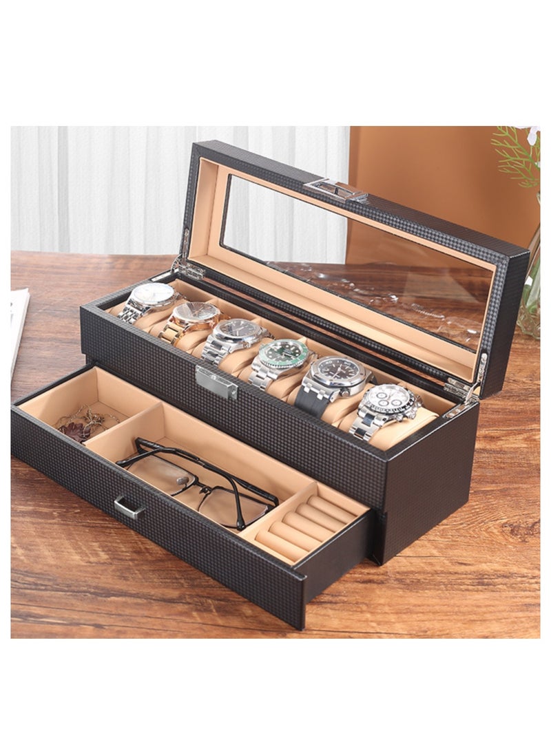 Watch Box Organizer for, 6 Slot Watch Display Case with Drawer, Father's Day Gift Mens Watch Holder Watch Case for Men, 6 Watch Box 2-layer Jewelry and Watch Storage Case -Espresso