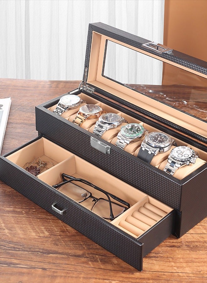 Watch Box Organizer for, 6 Slot Watch Display Case with Drawer, Father's Day Gift Mens Watch Holder Watch Case for Men, 6 Watch Box 2-layer Jewelry and Watch Storage Case -Espresso