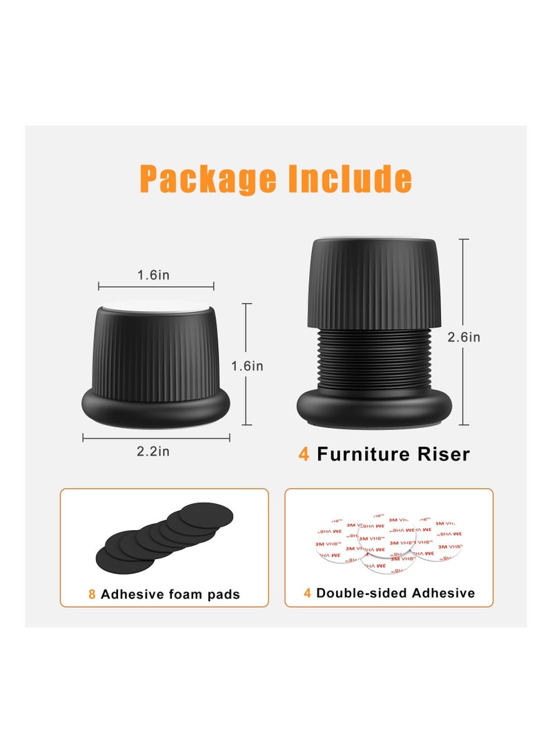 Adjustable Furniture Bed Risers, 1.6-2.6 Furniture Anti-Shake Tools, Self-Adhesive Plastic Anti Slip Round Couch Risers for Bed, Sofa, Desk and Chair Legs, 4 Pcs (Black)