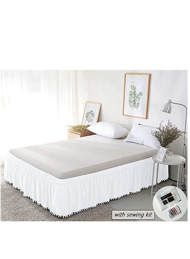 Queen Bed Skirt Elegant Comfort Top-knot Tassle Pompom Fringe Ruffle Skirt Around Style Elastic Bed Wrap- Wrinkle Resistant 16inch Drop - White