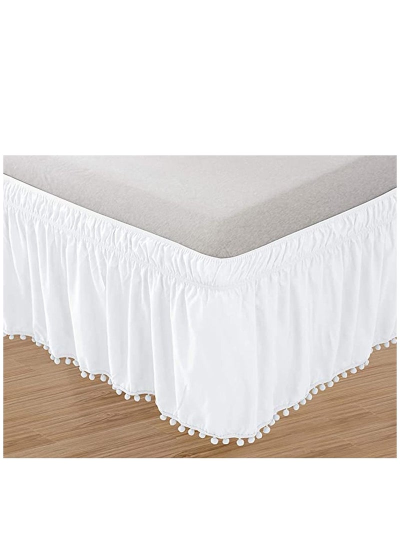 Queen Bed Skirt Elegant Comfort Top-knot Tassle Pompom Fringe Ruffle Skirt Around Style Elastic Bed Wrap- Wrinkle Resistant 16inch Drop - White