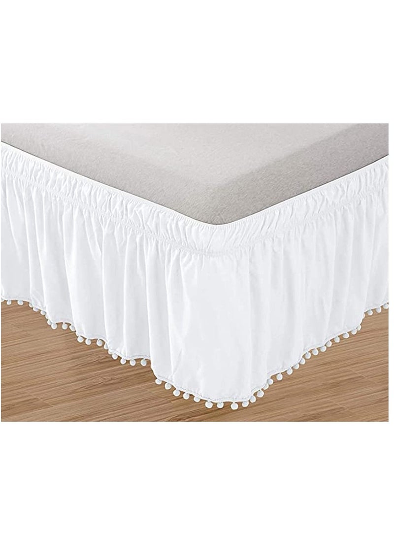 Queen Bed Skirt Elegant Comfort Top-knot Tassle Pompom Fringe Ruffle Skirt Around Style Elastic Bed Wrap- Wrinkle Resistant 16inch Drop - White