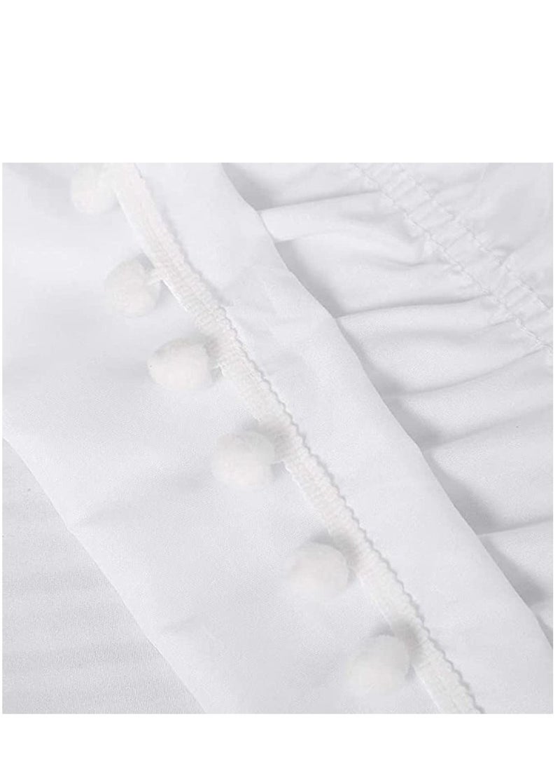 Queen Bed Skirt Elegant Comfort Top-knot Tassle Pompom Fringe Ruffle Skirt Around Style Elastic Bed Wrap- Wrinkle Resistant 16inch Drop - White