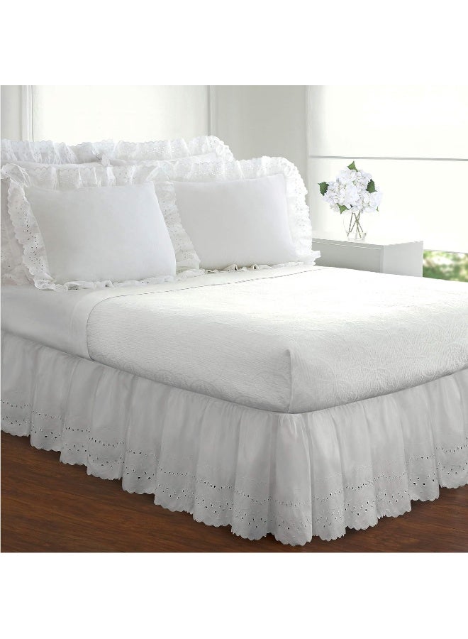 Eyelet Bed Skirt Dust Ruffle Embroidered Details, Classic 14” Drop Length Gathered Styling, Twin, White