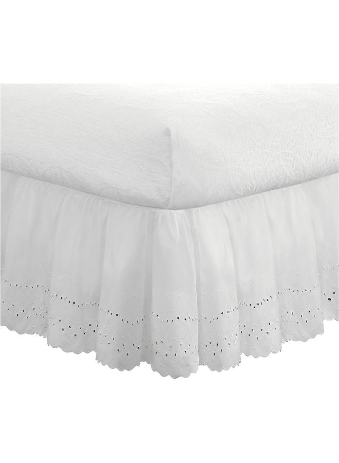 Eyelet Bed Skirt Dust Ruffle Embroidered Details, Classic 14” Drop Length Gathered Styling, Twin, White