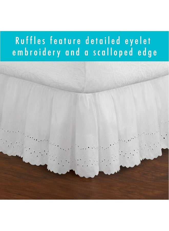 Eyelet Bed Skirt Dust Ruffle Embroidered Details, Classic 14” Drop Length Gathered Styling, Twin, White