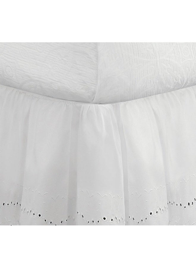 Eyelet Bed Skirt Dust Ruffle Embroidered Details, Classic 14” Drop Length Gathered Styling, Twin, White