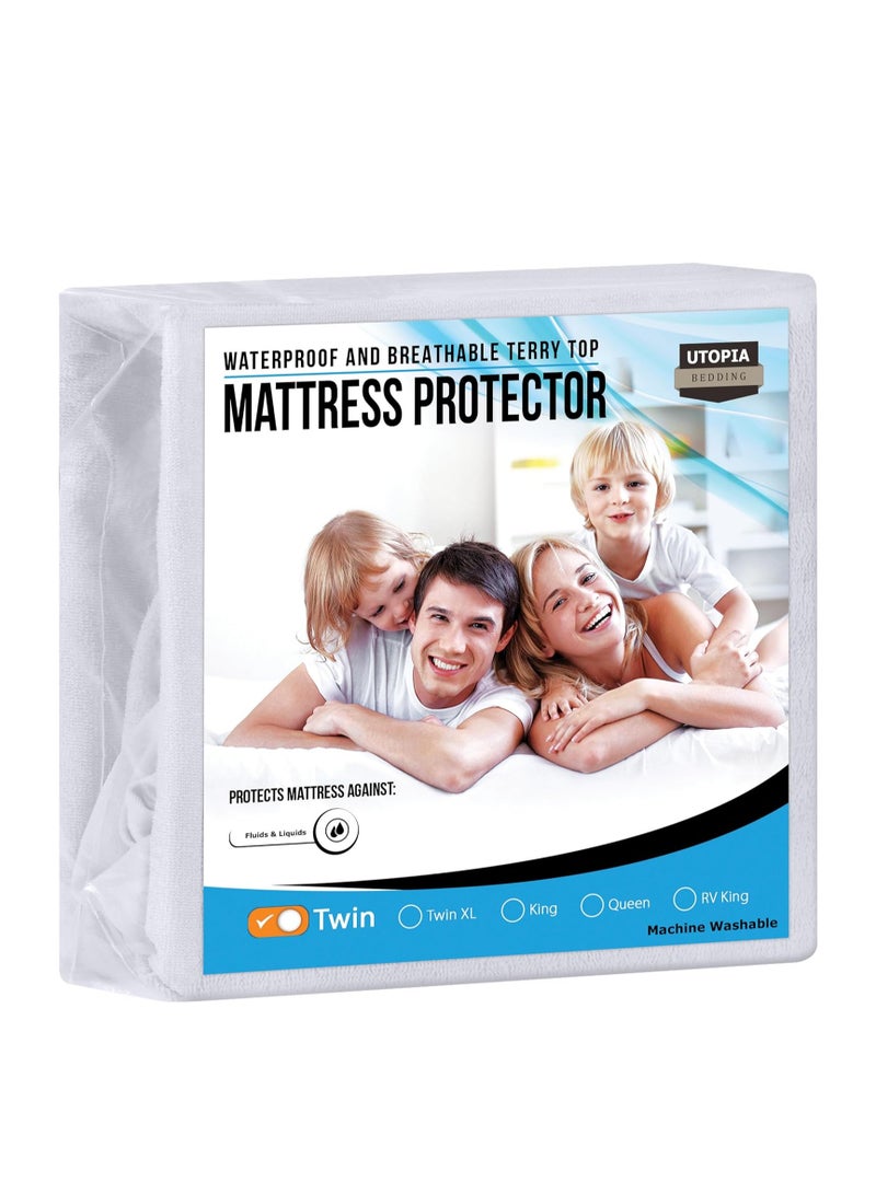 Utopia Bedding Waterproof Mattress Protector Twin Size, Premium Terry Mattress Cover 200 GSM, Breathable, Fitted Style with Stretchable Pockets (White)