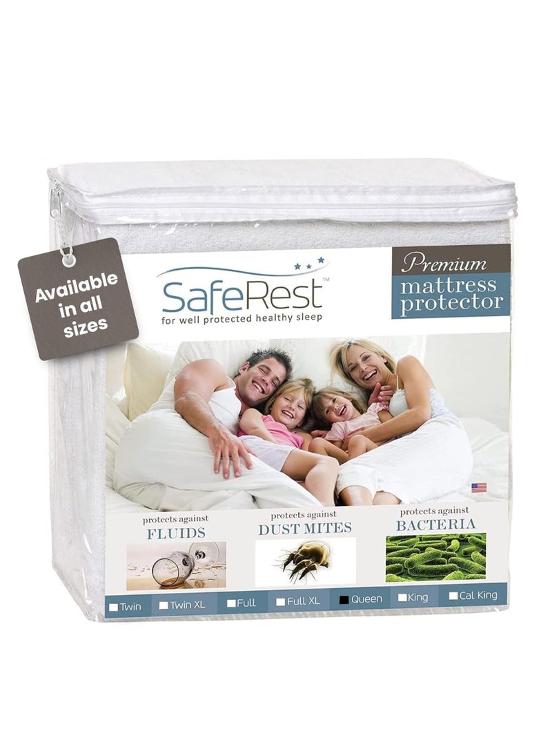 SafeRest 100% Waterproof Queen Size Mattress Protector - Fitted with Stretchable Pockets - Machine Washable Cotton Mattress Cover for Bed