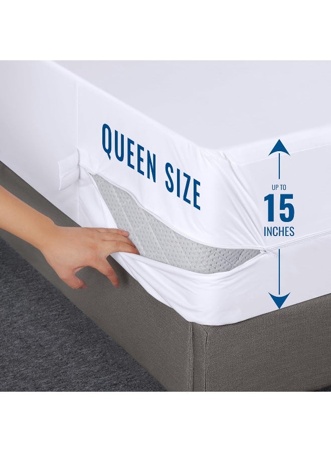 Zippered Mattress Encasement Queen - 100% Waterproof And Bed Bug Proof Mattress Protector - Absorbent, Six-Sided Mattress Cover