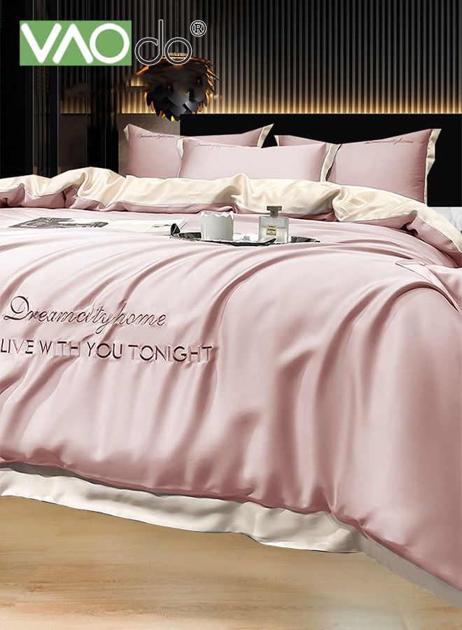 4PCS Silk Comforter Set AB Side Exquisite Embroidery Bedding Set King Size Warm in Winter and Cool in Summer Skin-Friendly Solid Color Breathable Duvet Cover Set 2.0M Bed 200*230CM Pink