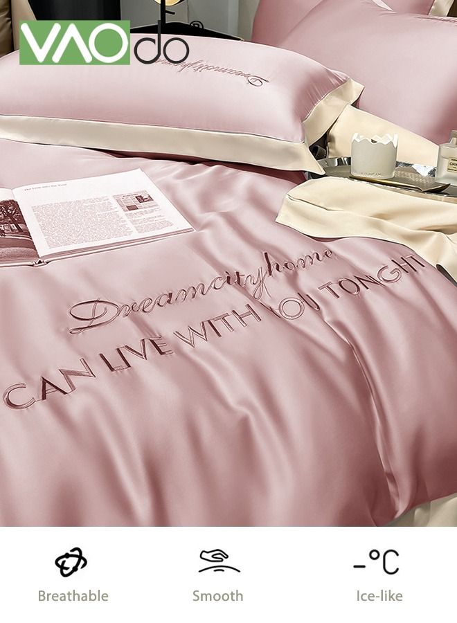 4PCS Silk Comforter Set AB Side Exquisite Embroidery Bedding Set King Size Warm in Winter and Cool in Summer Skin-Friendly Solid Color Breathable Duvet Cover Set 2.0M Bed 200*230CM Pink