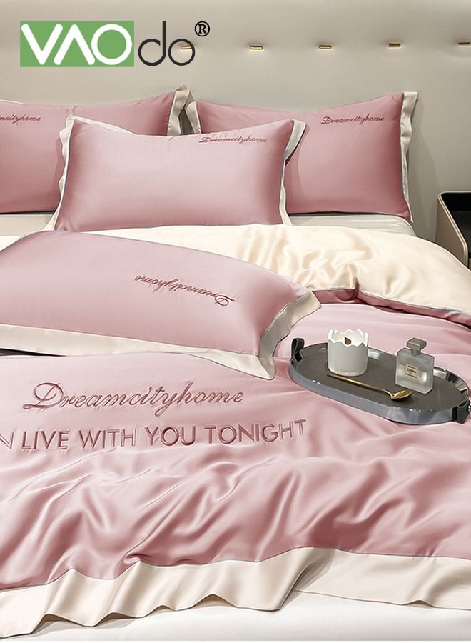 4PCS Silk Comforter Set AB Side Exquisite Embroidery Bedding Set King Size Warm in Winter and Cool in Summer Skin-Friendly Solid Color Breathable Duvet Cover Set 2.0M Bed 200*230CM Pink