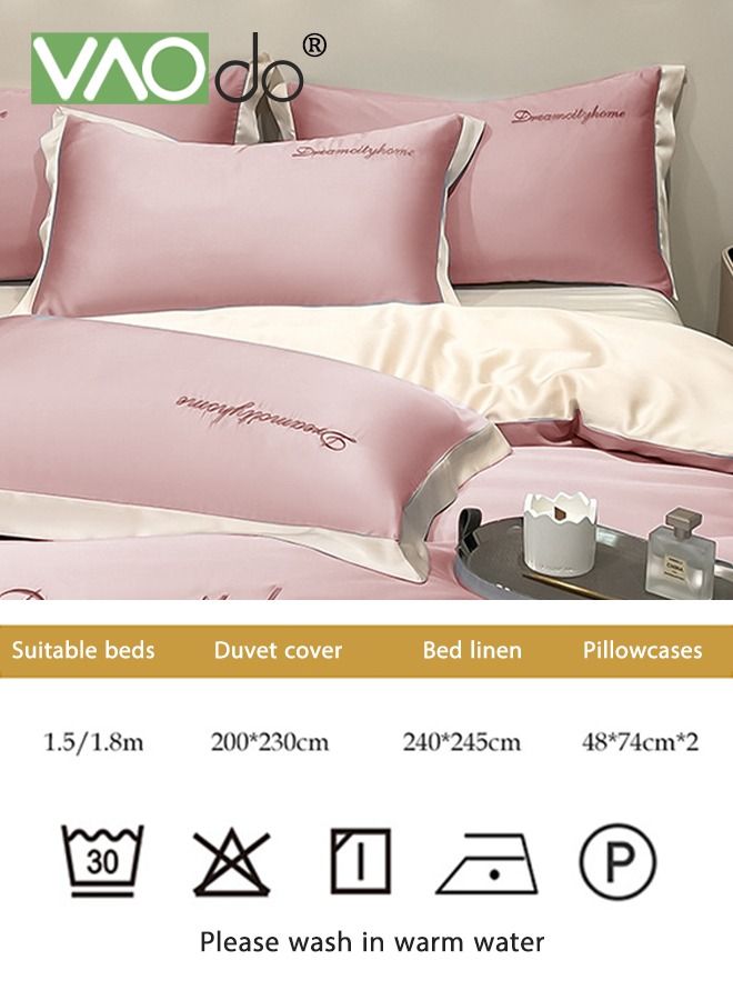 4PCS Silk Comforter Set AB Side Exquisite Embroidery Bedding Set King Size Warm in Winter and Cool in Summer Skin-Friendly Solid Color Breathable Duvet Cover Set 2.0M Bed 200*230CM Pink