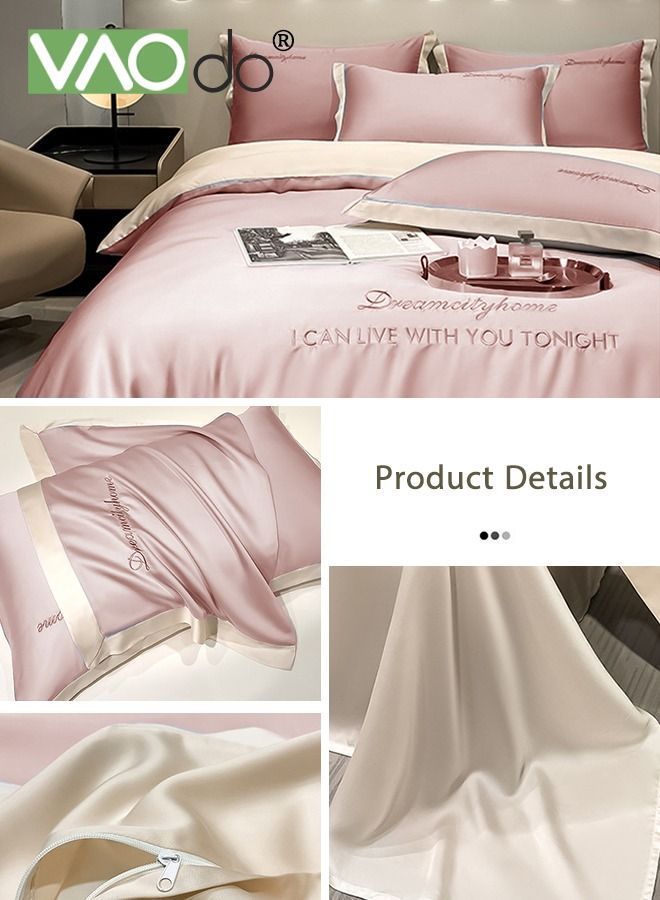 4PCS Silk Comforter Set AB Side Exquisite Embroidery Bedding Set King Size Warm in Winter and Cool in Summer Skin-Friendly Solid Color Breathable Duvet Cover Set 2.0M Bed 200*230CM Pink
