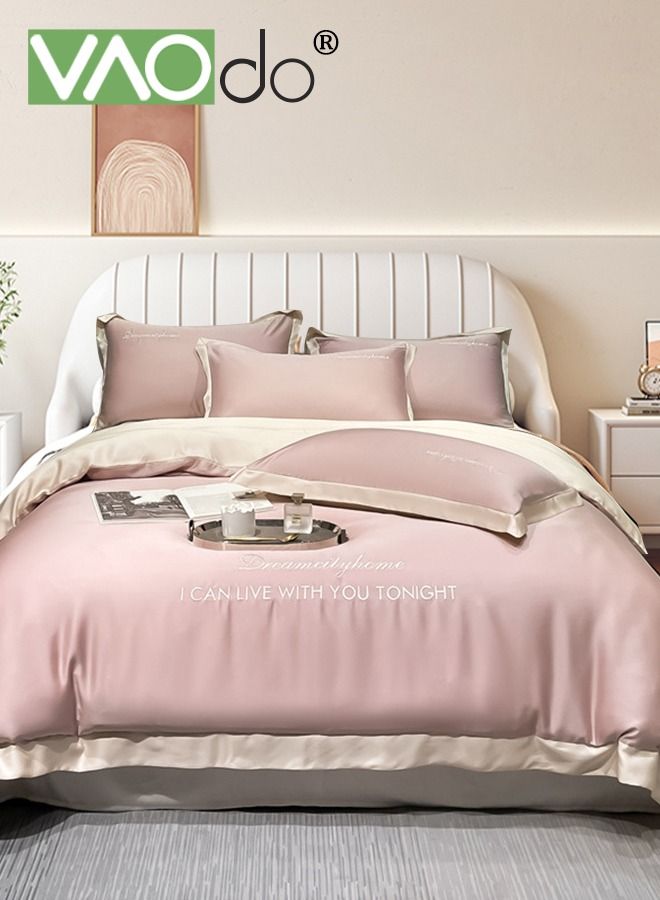 4PCS Silk Comforter Set AB Side Exquisite Embroidery Bedding Set King Size Warm in Winter and Cool in Summer Skin-Friendly Solid Color Breathable Duvet Cover Set 2.0M Bed 200*230CM Pink